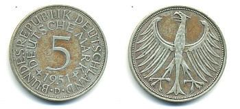 ФРГ 5 марок 1951 D KM 112.1 J. 387 серебро 83-514