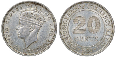 Британская Малайя 20 центов 1939 Георг VI (1937-1952) KM 5 серебро 53-412