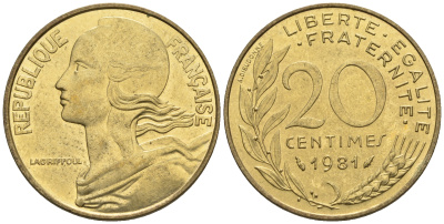 Франция 20 сантимов 1981 тип Marianne KM 930 медь алюминий никель 85-117