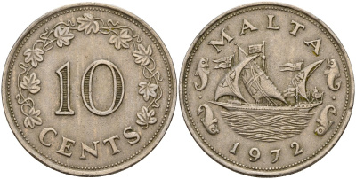 Мальта 10 центов 1972 баржа Великого магистра KM 11 медно-никель 4179-1315