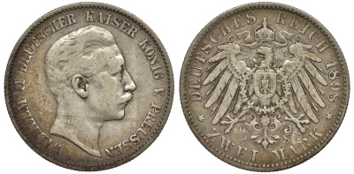 Пруссия 2 марки 1898 A, Вильгельм II (1888-1918) J.102, Weege 101, KM 522 серебро 02-014-22