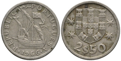 Португалия 2,5 эскудо 1966 парусник KM 590 медно-никель 4576-1259