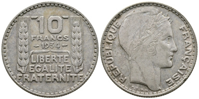 Франция 10 франков 1931 Пьер Тюрен KM 878, Le Franc 360.4 серебро 4683-1023