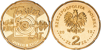 Польша 2 злотых 2012 MW, 50 лет радио "тройка" KM 816 нордик UNC 4513-915