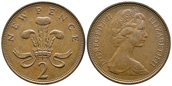 Великобритания 2 пенса 1971 Елизавета II (1952-2022) KM 916, Spink 4235 (C1) бронза 3461-133