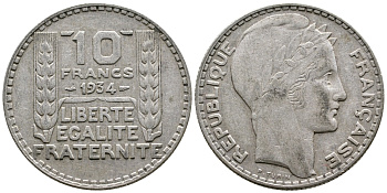 Франция 10 франков 1931 Пьер Тюрен KM 878, Le Franc 360.4 серебро 4683-914