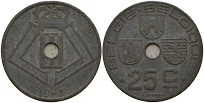 Бельгия 25 сантимов 1943 Belgie - Belgique, Леопольд III (1934-1947), германская оккупация, Вторая мировая война KM 132 цинк 4157-611