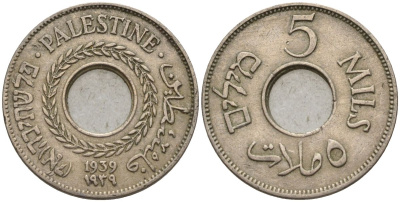 Израиль, Палестина 5 милсов 1939 британская администрация (1927-1948) KM 3 медно-никель    4154-413