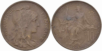 Франция 10 сантимов 1909 тип Дюпюи KM 843, LA FRANC 136.19 бронза 109-241