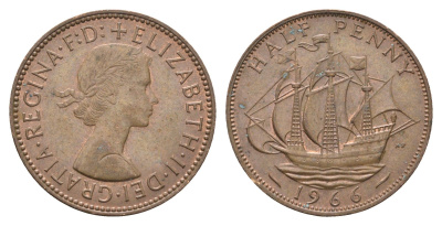 Великобритания 1/2 пенни 1966 Елизавета II (1952-2022) KM 896, Spink 4158 бронза 4663-121