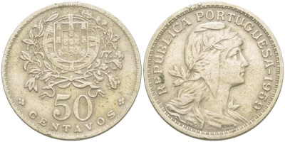 Португалия 50 сентаво 1959 голова Свободы вправо KM 577 медно-никель 4513-1215