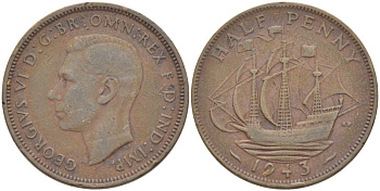 Великобритания 1/2 пенни 1943 Георг VI (1936-1952) KM 844, Spink 4115 бронза 24-913