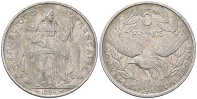 Французская Новая Каледония 5 франков 1994 птица кагу, (IEOM) KM 16, Schoen 12, Lec 81 алюминий 189-143