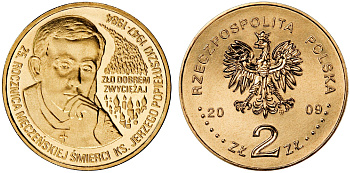 Польша 2 злотых 2009 MW, 25 лет со дня убийства Ежи Попелушко (1947-1984) KM 700 нордик UNC 4676-552