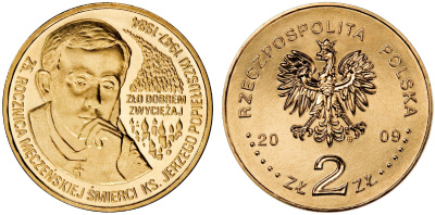Польша 2 злотых 2009 MW, 25 лет со дня убийства Ежи Попелушко (1947-1984) KM 700 нордик UNC 4676-552