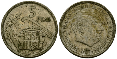Испания 5 песет 1957 Франсиско Франко (1939-1975) KM 786 медно-никель 4172-236