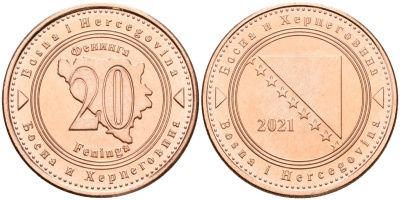 Босния и Герцеговина 20 фенигов 2021 KM 116 сталь плакированная медью UNC 4523-324