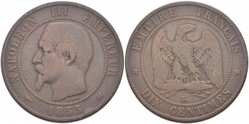Франция 10 сантимов 1855 K, Наполеон III (1852-1870) KM 771.5, Le Franc 133.26 бронза 3460-932