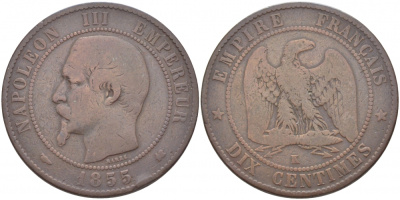 Франция 10 сантимов 1855 K, Наполеон III (1852-1870) KM 771.5, Le Franc 133.26 бронза 3460-932