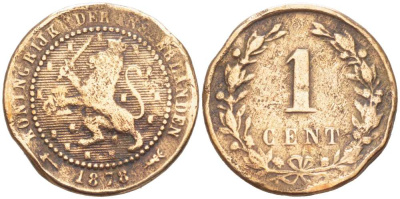 Нидерланды 1 цент 1878 Виллем III (1849-1890) KM 107 бронза 218-854