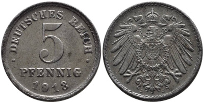 ГЕРМАНИЯ 5 ПФЕННИГОВ 1918 J KM 19, Jager 297, Weege 5 железо 4547-612