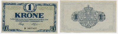 Дания 1 крона 1916 серия В Pick 12 b бумага UNC (пресс) 7484-12-2-2