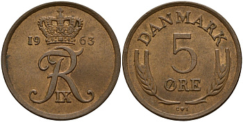 Дания 5 эре 1963 C; S, Фредерик IX (1947-1972) KM 848.1 бронза 4156-1033