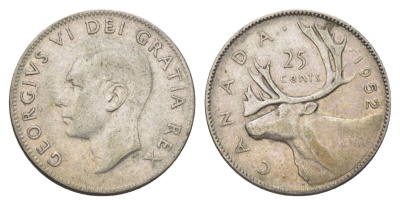 Канада 25 центов 1952 Георг VI (1936-1952), олень KM 44 серебро 4622-823