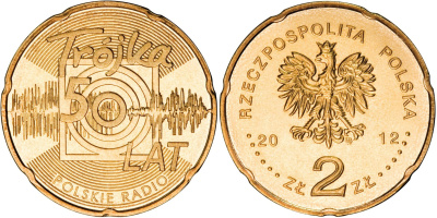 Польша 2 злотых 2012 MW, 50 лет радио "тройка" KM 816 нордик  UNC  M73-14