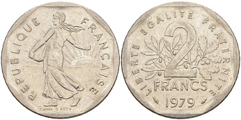 Франция 2 франка 1979 сеятель KM 942.1, Le Franc 272.3 никель 63-253