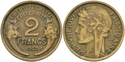 Франция 2 франка 1932 Третья республика (1871-1940) KM 886, Le Franc 219.3 алюминиевая бронза 4144-326