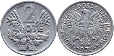 Польша 2 злотых 1974 MW KM 46, Parchimowicz 216h алюминий 4390-517