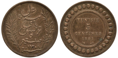 Тунис 5 сантимов 1891 AH 1308, Али III ибн аль-Хусейн KM 221 бронза 190-614