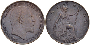 Великобритания 1 фартинг 1908 Эдуард VII (1901-1910), KM 792, Spink 3992 бронза 4543-1011