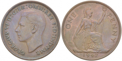 Великобритания 1 пенни 1947 Георг VI (1936-1952) KM 845, Spink 4114 бронза 4403-825