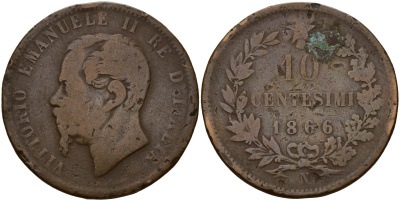 Италия 10 чентезимо 1866 N, Виктор Эммануил II (1861-1878) KM 11.1 медь 4149-1211