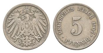 Германия 5 пфеннигов 1907 E, Вильгельм II (1888-1918) KM 11, J. 12 медно-никель 4640-122