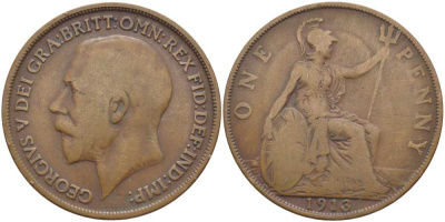 Великобритания 1 пенни 1913 Георг V (1910-1936) KM 810, Spink 4051 бронза 3460-731