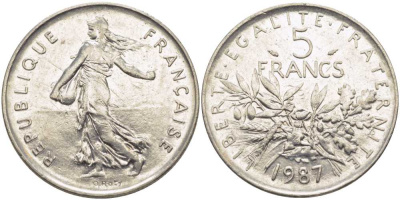 ФРАНЦИЯ 5 ФРАНКОВ 1987 СЕЯТЕЛЬ KM 926а.1, LE FRANC 341.19 медно-никель плакированный никелем 111-1145