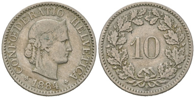 Швейцария 10 раппенов 1884 B KM 27 медно-никель 39-237