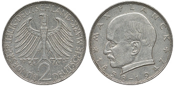 ФРГ 2 марки 1957 J , Макс Планк KM 116, J. 392 медно-никель плакированный никелем 4681-637