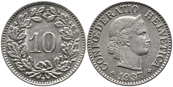 Швейцария 10 раппенов 1937 В KM 27b никель 4539-436