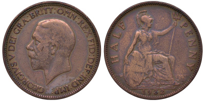 Великобритания 1/2 пенни 1932 Георг V (1910-1936) KM 837, Spink 4058 бронза 4122-742