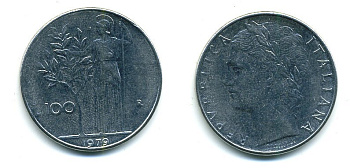 Италия 100 лир 1979 R, Афина в доспехах KM 96.1 нержавеющая сталь 25-936
