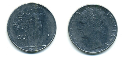 Италия 100 лир 1979 R, Афина в доспехах KM 96.1 нержавеющая сталь 25-936