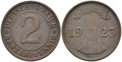 Германия 2 рентенпфеннига 1923 G, выпуск 1924 года KM 31, J.307, Weege 3 медь 4584-611