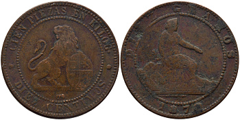 Испания 10 сентимо 1870 ОМ, лев со щитом KM 663 (Y54) медь 3460-246