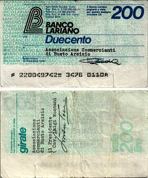Италия 200 лир 1976 10 ноября 1976, Banco Lariano бумага 7222-40-2-1