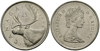 Канада 25 центов 1988 Елизавета II (1952-2022), олень KM 74 никель 4167-931