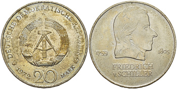 ГДР 20 марок 1972 А, Фридрих Шиллер (1759-1805) KM 40 медно-никель 82-1046